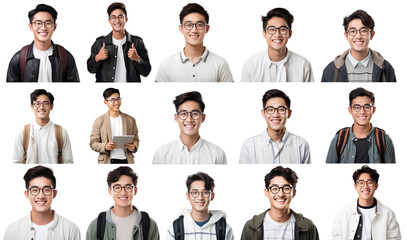 Wall Mural - Asian male university student smiling happily on transparent background, study success concept.
