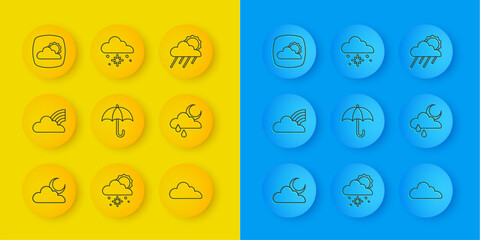 Wall Mural - Set line Cloud with moon, Rainbow clouds, Umbrella, rain and, Weather forecast, sun and snow icon. Vector