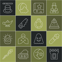 Sticker - Set line Castle tower, Bottle with potion, Masons, Ancient magic book, Hand saw, Magic lamp or Aladdin, hat wand and stone ring gem icon. Vector