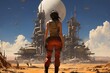 Portrait of a woman dressed in overalls or a protective spacesuit, outside a factory, on an alien planet, desert and rocks, futuristic style