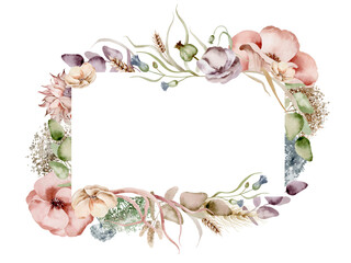 Rectangular frame made of wildflowers. Watercolor botanical frame of dried flowers on an isolated background. A hand-drawn template for greeting cards, logos and wedding invitations.