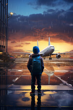 A Child Stands At The Airport And Watches The Plane Take Off.Generative AI
