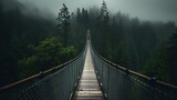 Fototapeta Mosty linowy / wiszący - Generative AI, treetop boarding bridge on misty fir forest beautiful landscape in hipster vintage retro style, foggy mountains and trees.	
