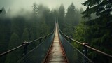 Fototapeta Sypialnia - Generative AI, treetop boarding bridge on misty fir forest beautiful landscape in hipster vintage retro style, foggy mountains and trees.	
