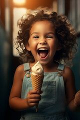 Wall Mural - A cute baby child is eating delicious ice cream.Generative AI