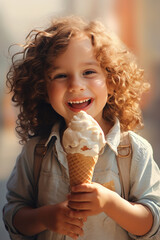 Wall Mural - A cute baby child is eating delicious ice cream.Generative AI