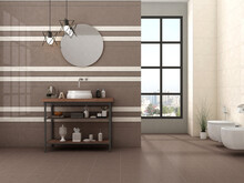 Modern Minimalist Bathroom Interior Design With Dark Stone Tiles And Wood Wall Texture, Window Besides Twin Toilets, Wooden Furniture, Circular Mirror. 3D Illustration. 3D Rendering