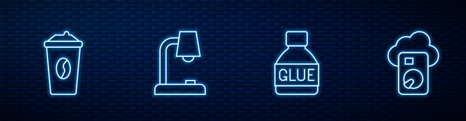 Wall Mural - Set line Glue, Coffee cup to go, Table lamp and Cloud database. Glowing neon icon on brick wall. Vector