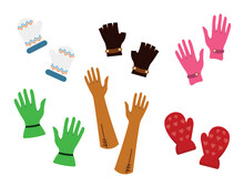 Set Of Cute Pairs Of Gloves In Cartoon Style. Vector Illustration Of Colored Beautiful Gloves With Different Designs And Types, For Children And Adults: Long, Mitten Gloves With Ornament, Hearts .