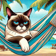 a contemporary comic-style image of a crabby Siamese cat lounging in a hammock, with a background of a tropical beach setting.