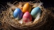 © savvalinka - Easter eggs painted in bright colors in a wicker plate with feathers.