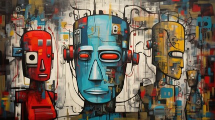 Illustration of urban street art painting on wall graffiti , robot and city