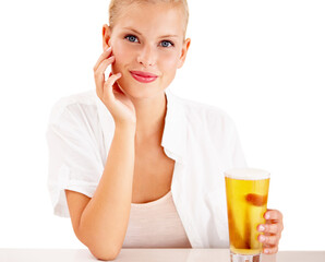 Wall Mural - Woman, portrait and happy with beer drink in studio for weekend relax, summer beverage on white background. Female person, face and model or alcohol glass as pint enjoyment, lager or mockup space