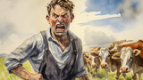 Fototapeta  - Illustration of angry dutch farmer with cows in the background