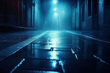 Dark street, wet asphalt, reflections of rays in the water. Abstract dark blue background, smoke, smog. Empty dark scene, neon light, spotlights. Concrete floor