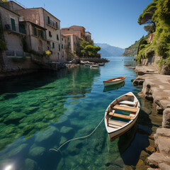 Canvas Print - Picturesque coastal village with small boats
