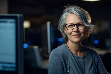 Genius hacker person in modern office against cyber code background Generative AI