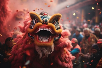 Sticker - A chinese lunar new year lion dance celebration with smoke. Asian traditional performance