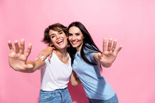 Closeup Portrait Of Two Youngsters Lovely Family Lesbians Girls Have Fun Waving Palms You Greetings Isolated On Pink Color Background