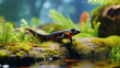 Alpine newt (Ichthyosaura alpestris) colorful male aquatic amphibian swimming in freshwater habitat