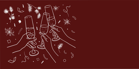 Wall Mural - Continuous line champagne cheers one line art, continuous drawing contour on red. Hands toasting with wine glasses with drinks. Cheers toast festive decoration for holidays. Vector illustration