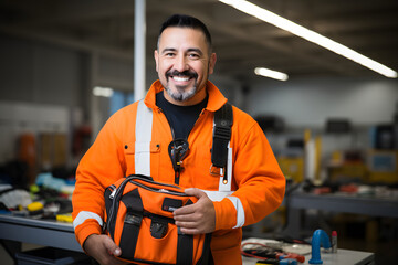 A happy cheerful male electrician standing in the company wearing orange uniform holding first aid box in the hand looking in the camera with joy some tools put on the tables in the background