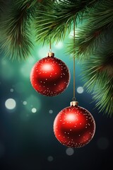 Two red ornaments hanging from a Christmas tree. Perfect for holiday decorations or festive celebrations.