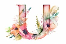 Letter U, Watercolor Style, On White Background
