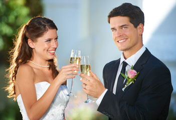 Poster - Happy couple, wedding and cheers with champagne in celebration for marriage, love or commitment. Married man and woman smile with glasses of alcohol for toast, date or honeymoon at outdoor ceremony