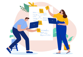 Poster - Business workshop work - Two people using sticky notes on whiteboard with scribbles, working on project plan and brainstorming together. Flat design vector illustration with white background