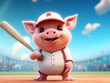A Cute 3D Pig Playing Baseball