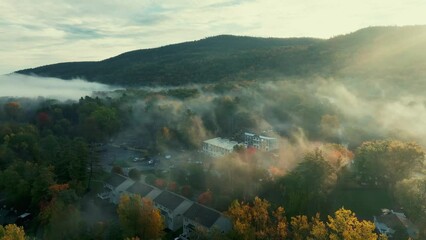 Sticker - Autumn foliage aerial view in Lake George with morning fog