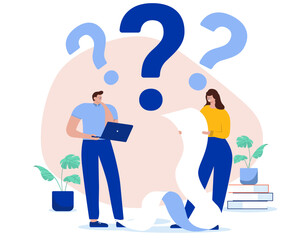 Poster - Businesspeople with question - Man and woman in office reading document, thinking and wondering trying to solve problem. Flat design vector illustration with white background