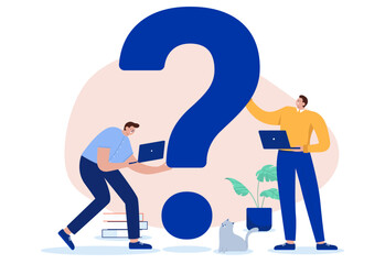 Business unanswered question - Two businesspeople with computer laptops working and looking at big question mark. Flat design vector illustration with white background