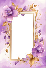 Wall Mural - watercolor background purpel flower and gold leaves frame vintag,transparent background