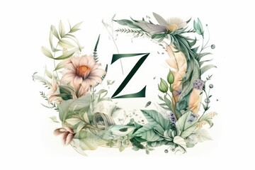 Wall Mural - letter z, floral and botanical style, on white background