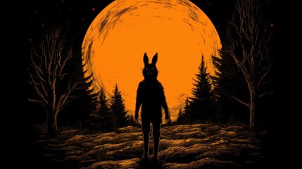 Canvas Print - A rabbit stands in front of an orange moon, AI