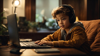 young  boy enjoying and playing computer game at home