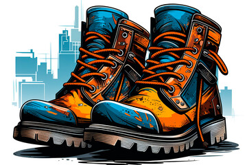 Poster - illustration of a pair of hiking boots on a city background