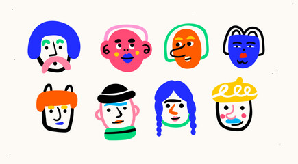 Wall Mural - quirky bright portraits. diverse people. cute funny characters. trendy modern art. cartoon, minimal,