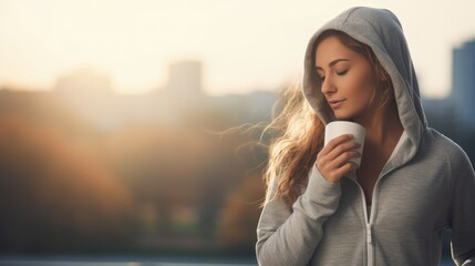 Wall Mural - Woman warm up for morning workout outdoor with coffee, Exercise activity