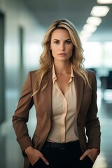 Wall Mural - Confident business woman leader looking away standing in office hallway. Professional manager executive, female investor or entrepreneur thinking of future success. generative AI