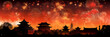 Silhouette of an oriental temple under fireworks. Chinese new year celebration