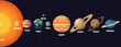 Colorful bright solar system planets on universe background vector illustration, modern trendy style. Planet icons