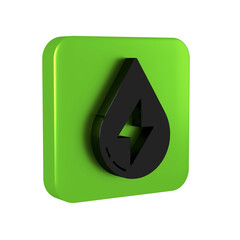 Canvas Print - Black Water energy icon isolated on transparent background. Ecology concept with water droplet. Alternative energy concept. Green square button.