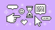© Alisa - Y2k trendy playful pixels stickers. Trendy Geometric Brutalism UI. Retro Pixels elements in the mood of 90's aesthetics. 8-bit retro illustration. . Heart, index, pixelated cursor, button, pointer