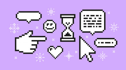  Y2k trendy playful pixels stickers. Trendy Geometric Brutalism UI. Retro Pixels elements in the mood of 90's aesthetics. 8-bit retro illustration. . Heart, index, pixelated cursor, button, pointer