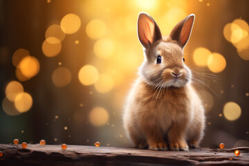 Cute rabbit sit on the wood light bokeh form nature