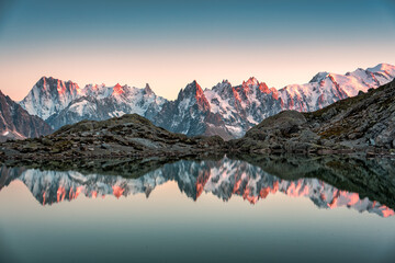 Wall Mural - Lac Blanc with Mont Blanc mountain range reflect on the lake in French Alps at the sunset. Chamonix, France