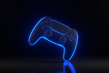 Wall Mural - Gamepad with bright glowing futuristic blue neon lights on black background. Joystick for video game. Game controller. 3D render illustration